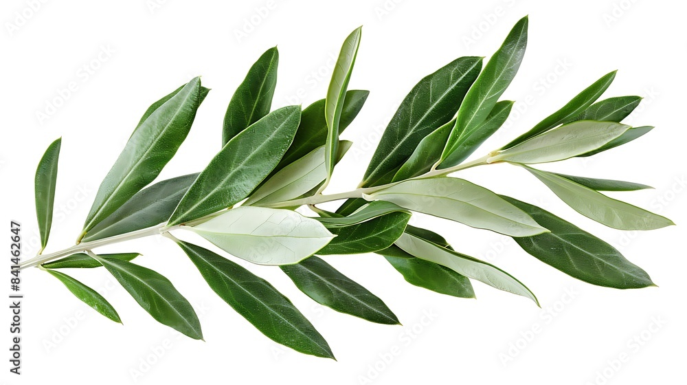 Fototapeta premium A green olive branch with leaves isolated on a white background. 