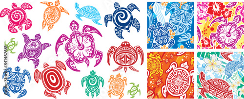 Turtles in Maori tattoo style and Seamless pattern