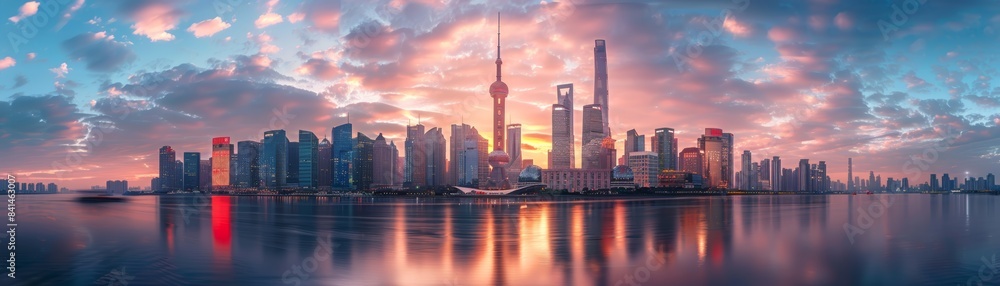 Fototapeta premium Panoramic skyline of modern city at sunset with towering skyscrapers reflecting in calm water under dramatic sky, vibrant urban landscape.