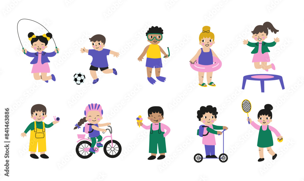 Illustrations of children in various summer activities. Playing kids vector graphic. Healthy, and happy childhood concept. Illustrations of children in various summer activities. Playing kids vector graphic. Healthy, and happy childhood concept.