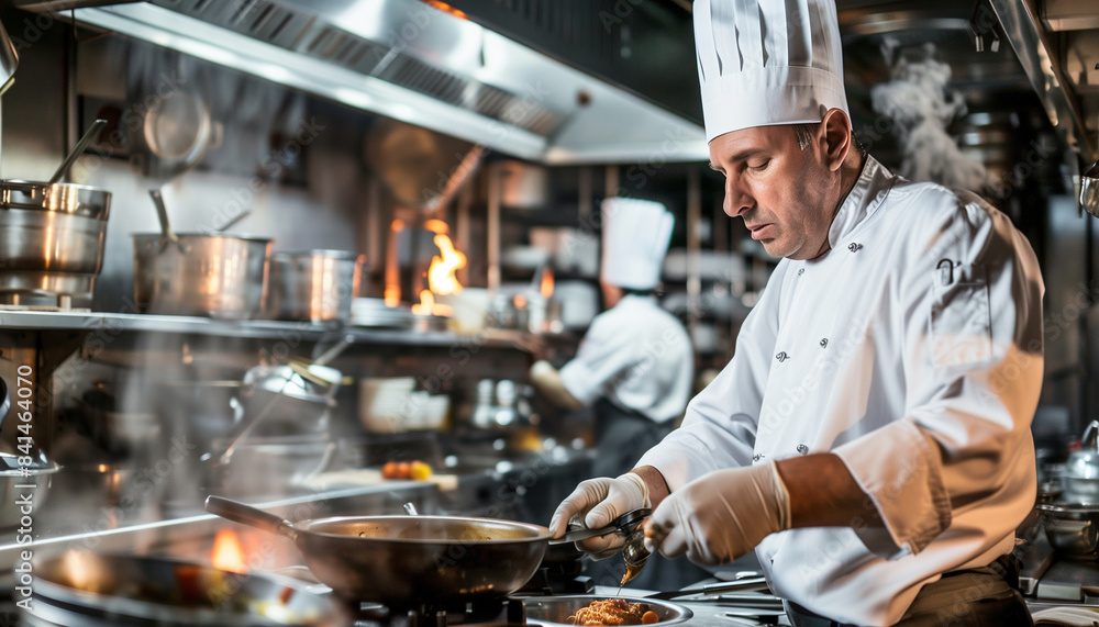 A chef preparing a dish in a bustling kitchen, focused on their work, chef, cooking, kitchen A chef preparing a dish in a bustling kitchen, focused on their work, chef, cooking, kitchen