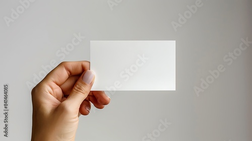 A hand holding a blank white card over a solid background 