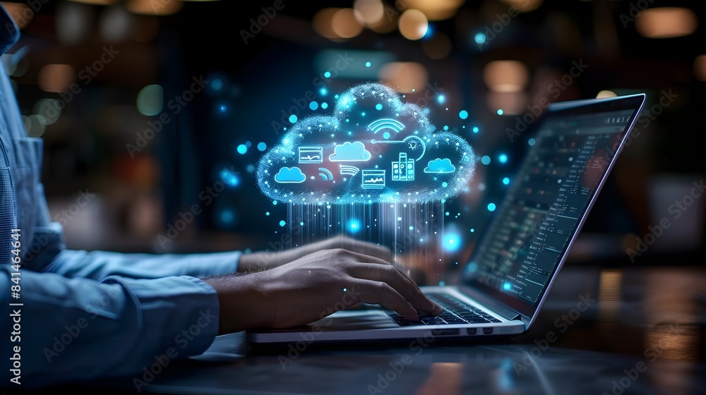 Businessperson Managing Cloud Services on Laptop with Virtual Icons Businessperson Managing Cloud Services on Laptop with Virtual Icons