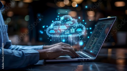 Businessperson Managing Cloud Services on Laptop with Virtual Icons