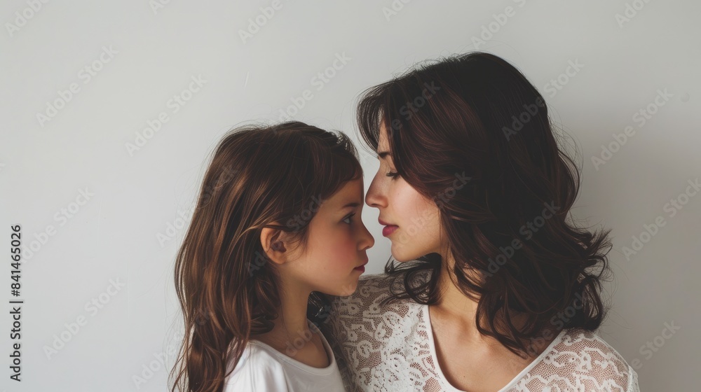 Family portrait of mother and daughter gazing at each other against a plain white backdrop Capturing the essence of a joyful family Family portrait of mother and daughter gazing at each other against a plain white backdrop Capturing the essence of a joyful family