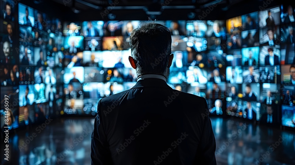 Business Leader Hosting Digital Conference with Global Participants Displayed on Multiple Screens Business Leader Hosting Digital Conference with Global Participants Displayed on Multiple Screens
