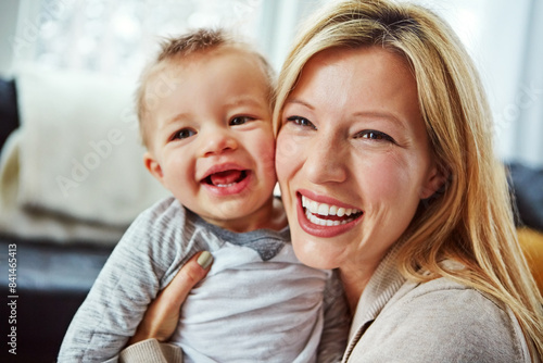 Mother, baby and smile in house with hug or happiness for motherhood, growth or wellness of child. Toddler, woman and excited in home for care, support and bonding together with love, relax and mom