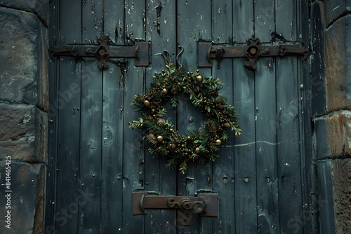 Old wooden door with Christmas wreath.