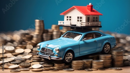 A house and toy vehicle are perched atop a stack of coins. digital picture. Conceptual image of loan or mortgage.