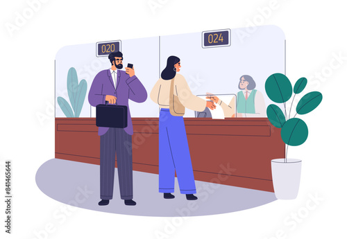 Customer and bank teller at counter. Cashier behind window in financial department. Client talking to banker, financial worker in finance office. Flat vector illustration isolated on white background