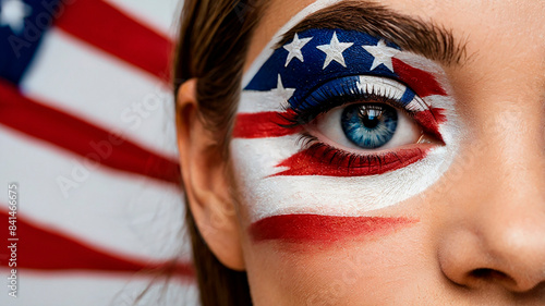 Woman eye with makeup in the colors of the American flag