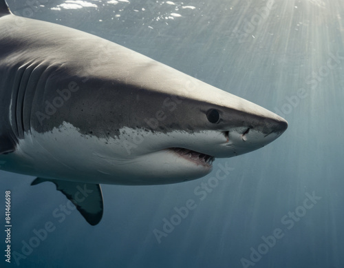 Lo squalo nuota rapidamente, la sua velocità e agilità evidenti mentre scivola attraverso l'acqua.
 photo