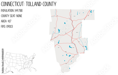 Large and detailed map of Tolland County in Connecticut, USA.