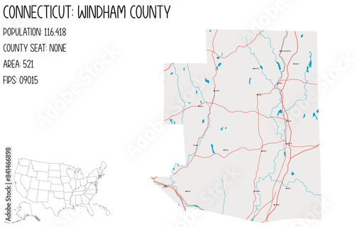 Large and detailed map of Windham County in Connecticut, USA.