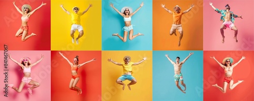 Summer people collection set  diverse people jumping on colorful background  many people funny jump wearing summer outfit fashion ready for swim and summer activity  summertime  beachwear AIG48