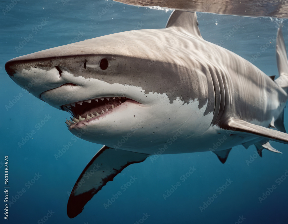 Naklejka premium Lo squalo pinna nera emerge dalla profondità, la sua pinna dorsale tagliando la superficie dell'acqua in modo sinistro. 