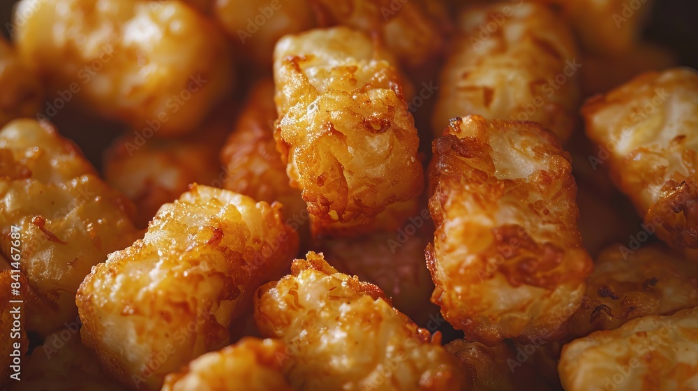 A tater tots close up, food design, dynamic, dramatic compositions, with copy space. A tater tots close up, food design, dynamic, dramatic compositions, with copy space.