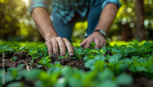 Person planting seedlings in soil photo