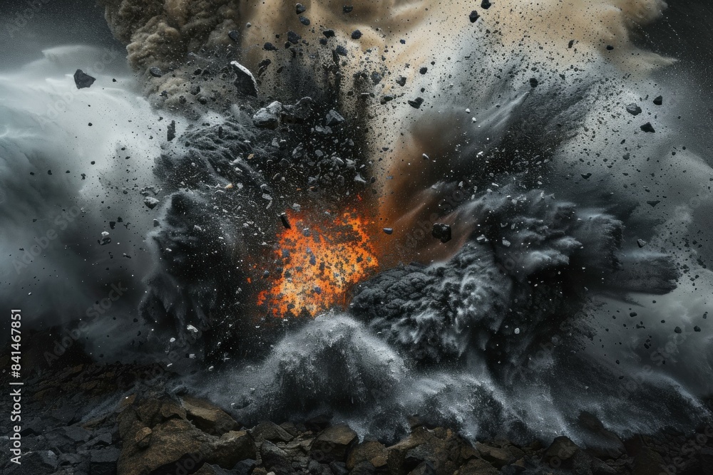 Scorched Black charcoal falling rocks explosion. Mine material. Generate Ai Scorched Black charcoal falling rocks explosion. Mine material. Generate Ai