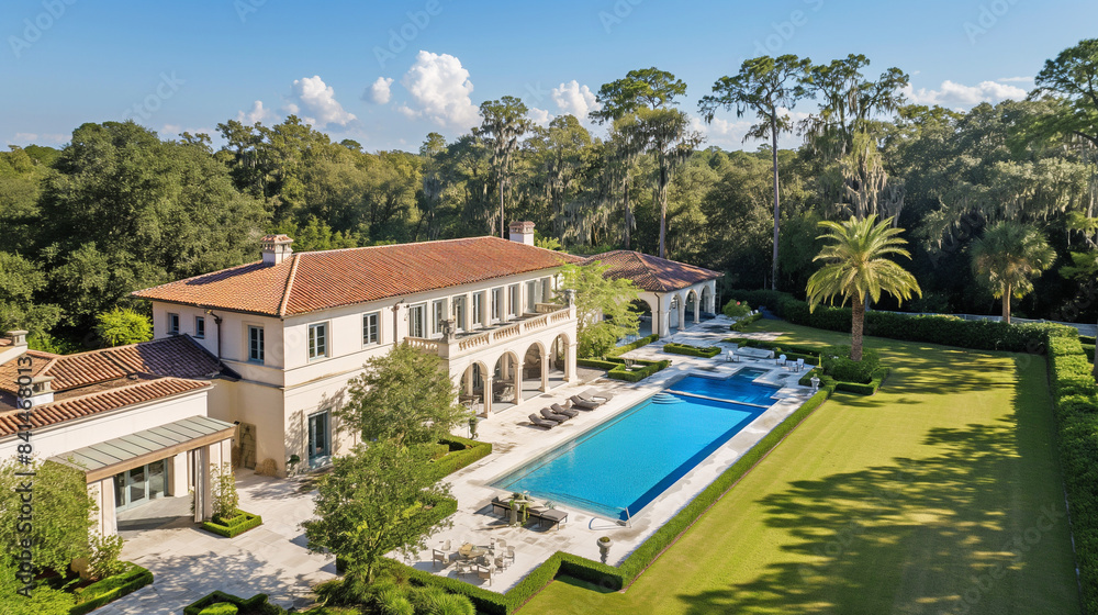 Large villa with orange roof, pool, garden