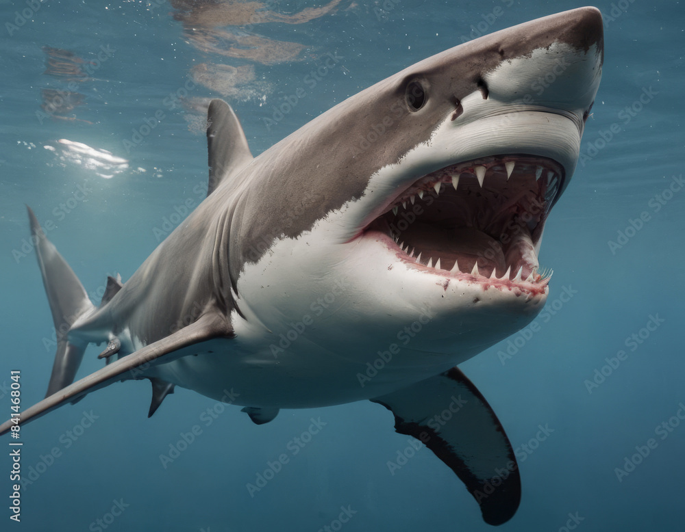 Naklejka premium Lo squalo dalla pinna bianca nuota tra le alghe, le sue pinne tagliando l'acqua con precisione e agilità.