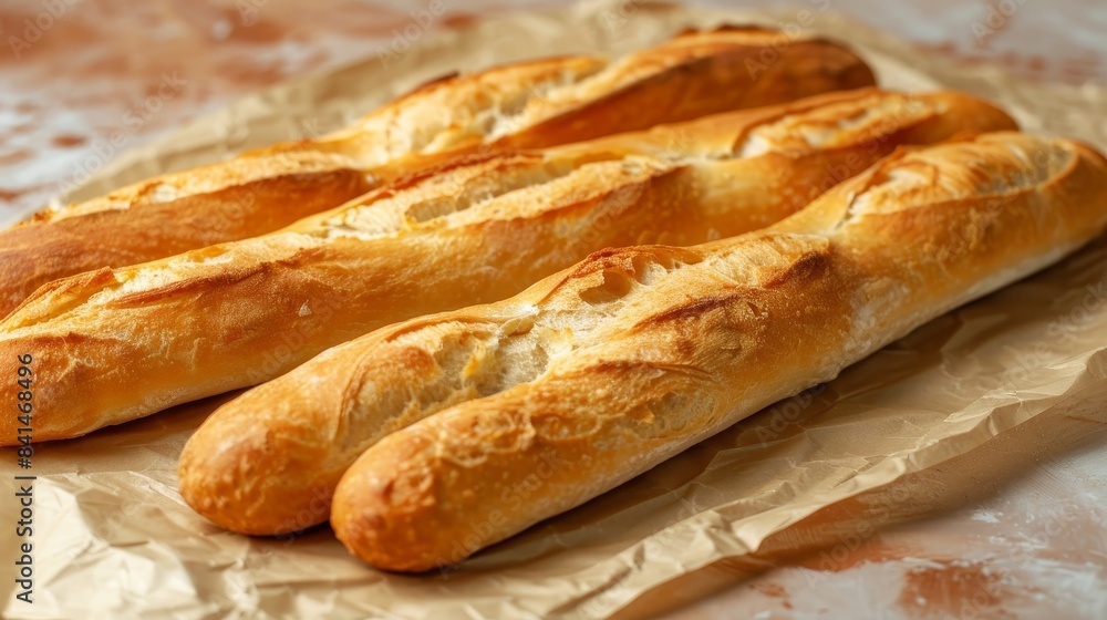 Close up of delicious baguettes on rustic paper, embodying the essence of a french breakfast Close up of delicious baguettes on rustic paper, embodying the essence of a french breakfast