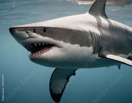 Un subacqueo osserva lo squalo a distanza, affascinato e rispettoso della maestosità del predatore marino.
