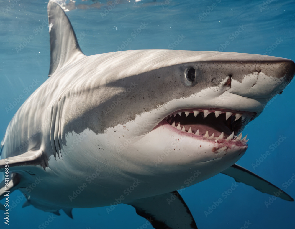 Naklejka premium Un gruppo di piccoli pesci si disperde rapidamente mentre uno squalo nuota tra loro, creando una scena di tensione e movimento.