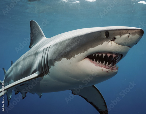 Il grande squalo bianco  con la sua bocca aperta e i denti affilati in vista  nuota attraverso il blu profondo del mare. 