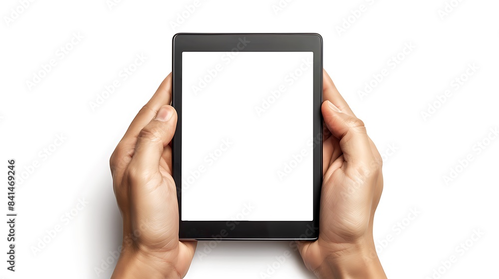 A person is holding a tablet in both hands with a white screen isolated on white background A person is holding a tablet in both hands with a white screen isolated on white background