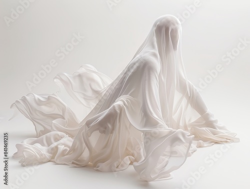 Cute White Ghost Sculpture with Black Eyes on Light Background 