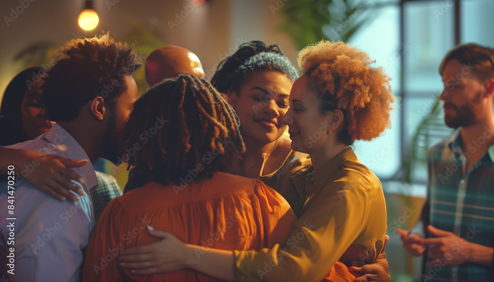 A group of people showing affection and appreciation in a community center, affection, community, appreciation A group of people showing affection and appreciation in a community center, affection, community, appreciation