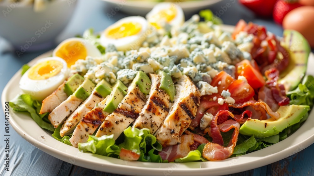 A colorful and refreshing Cobb salad topped with grilled chicken, avocado, bacon, hard-boiled eggs, and blue cheese crumbles, a popular choice for a light and satisfying meal A colorful and refreshing Cobb salad topped with grilled chicken, avocado, bacon, hard-boiled eggs, and blue cheese crumbles, a popular choice for a light and satisfying meal