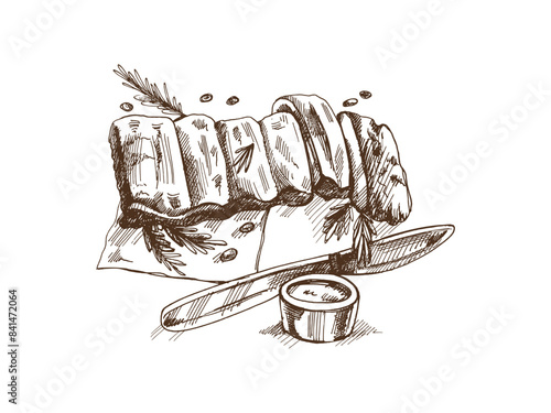 Hand-drawn monochrome vector sketch of barbecue ribs. Doodle vintage illustration. Decorations for the menu of cafes and labels. Engraved image.