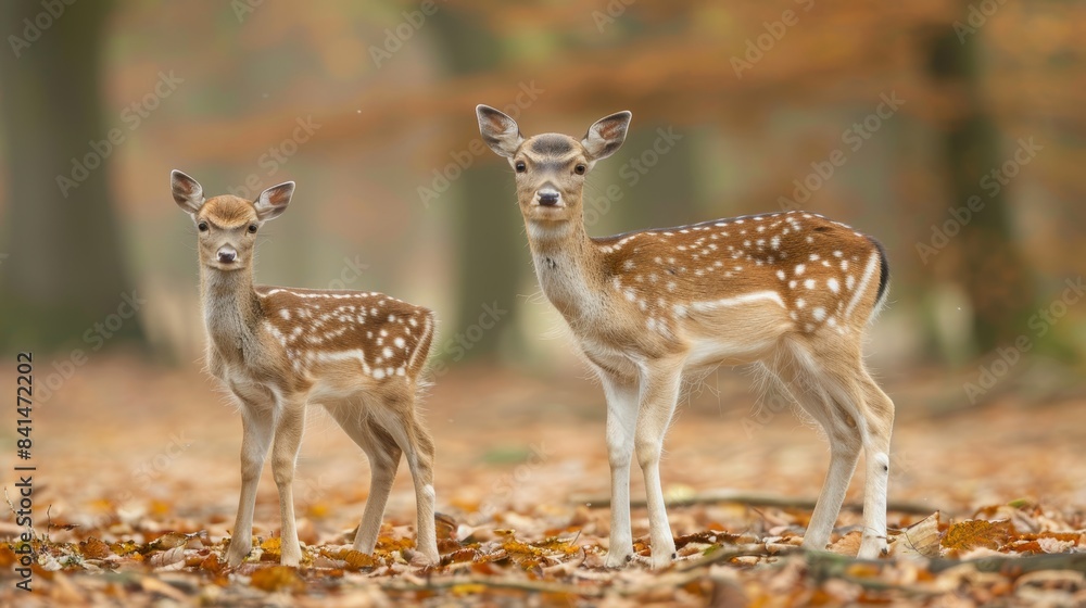 Young fawn standing beside a mature doe in a peaceful and picturesque forest environment Young fawn standing beside a mature doe in a peaceful and picturesque forest environment