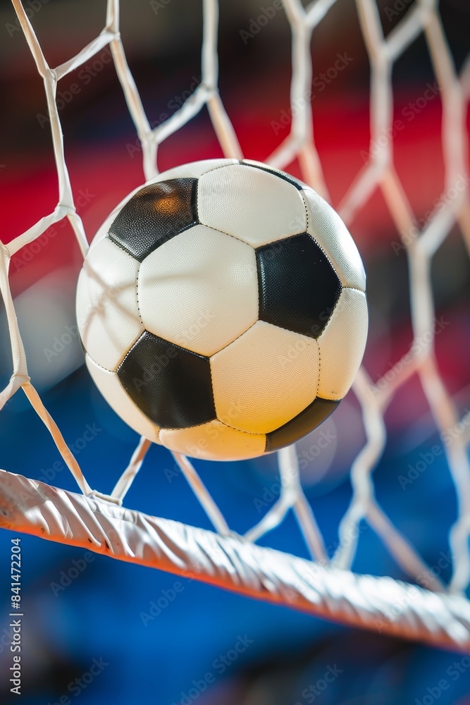 Naklejka premium Dynamic handball goal moment ball hits net in celebratory freeze, evoking summer olympic excitement