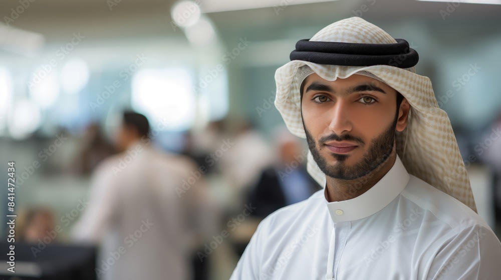 Emirati man wearing kandura in a modern office, looking confidently at the camera with colleagues in the background, representing professionalism and Middle Eastern business culture Emirati man wearing kandura in a modern office, looking confidently at the camera with colleagues in the background, representing professionalism and Middle Eastern business culture
