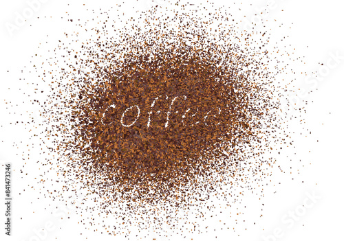 The word coffee is written with scattered powder. Text made from coffee or chocolate powder flying dust particles on white background. Crushed granules of sand or brown cane sugar, vector illustration