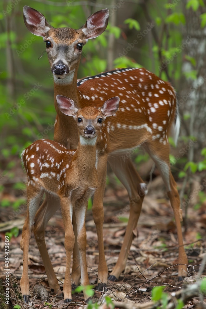 Young deer standing next to an adult deer in a beautiful lush green forest setting Young deer standing next to an adult deer in a beautiful lush green forest setting