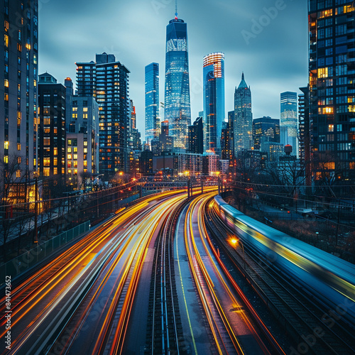 the light trails on the modern building background, Abstract Motion Blur City,