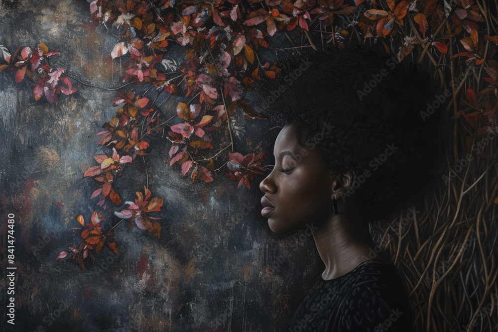Side profile of a serene woman against a backdrop of colorful autumn foliage