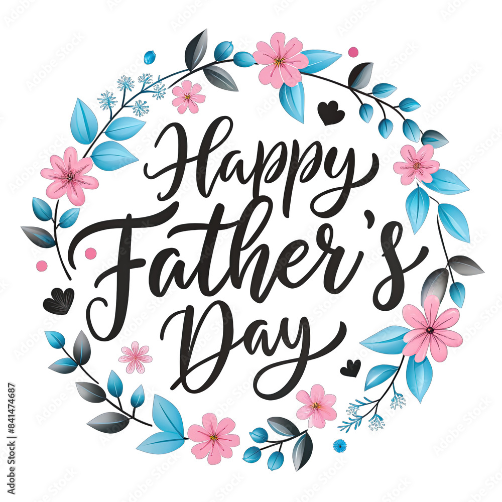 Obraz premium A circular design with a floral wreath in shades of pink and blue, surrounding the words Happy Fathers Day written in black calligraphy. Generative AI