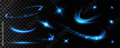 Bright particles, burning blue lights, stars, lasers. Vector. 