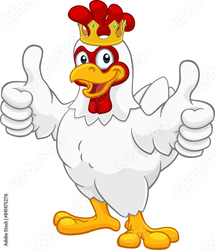 A chicken rooster cockerel bird cartoon character in a kings gold crown giving a double thumbs up