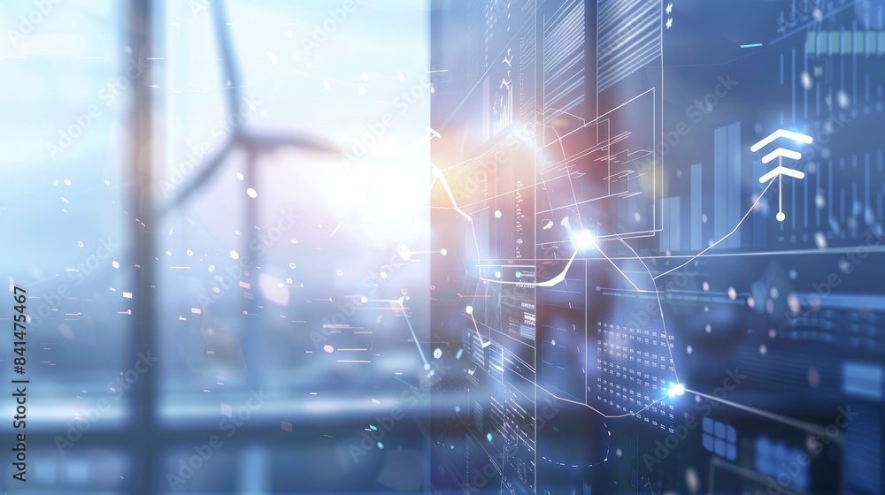 Obraz premium Wind turbines with a digital overlay