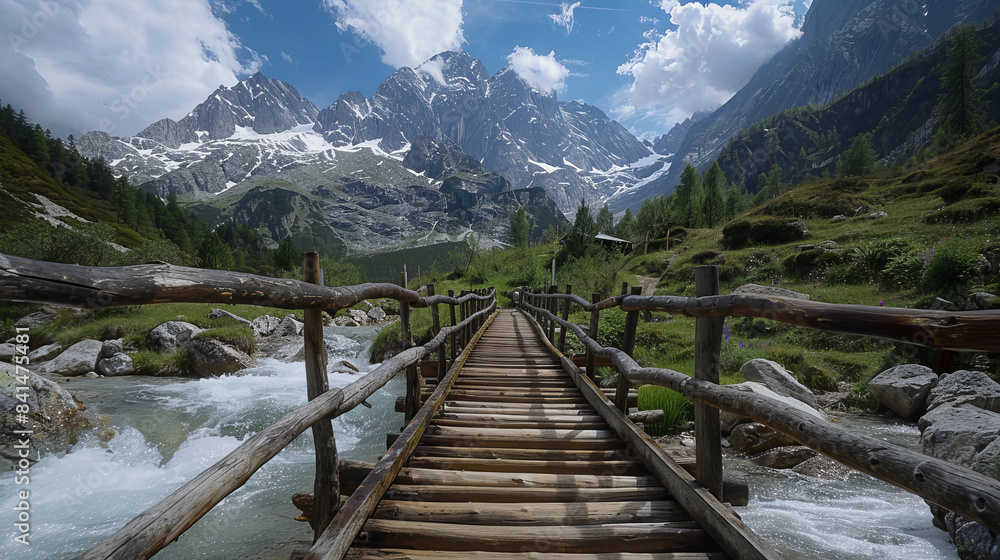 Scenic wooden bridge in alpine landscape with snow-capped mountains Scenic wooden bridge in alpine landscape with snow-capped mountains