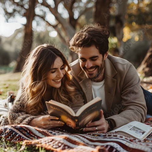 Peaceful Outdoor Reading Moment Between Loving Couple in Park