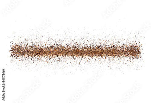 Coffee or chocolate powder, flying dust particles. Texture of dust particles in the line or stroke shape on white background. Crushed granules of sand or brown cane sugar. Vector spilled powder.