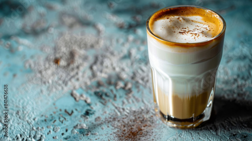 Delicious glass of latte macchiato on textured background photo