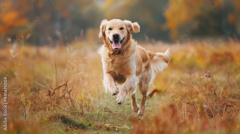 Obraz premium Golden retriever jumping in grassy field on a sunny day